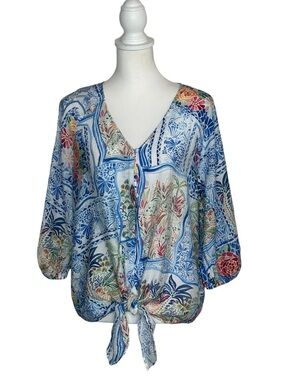 Tamara H EUC Tropical Tie-Front V-Neck Blouse sz L Resortwear Vacation Cruise